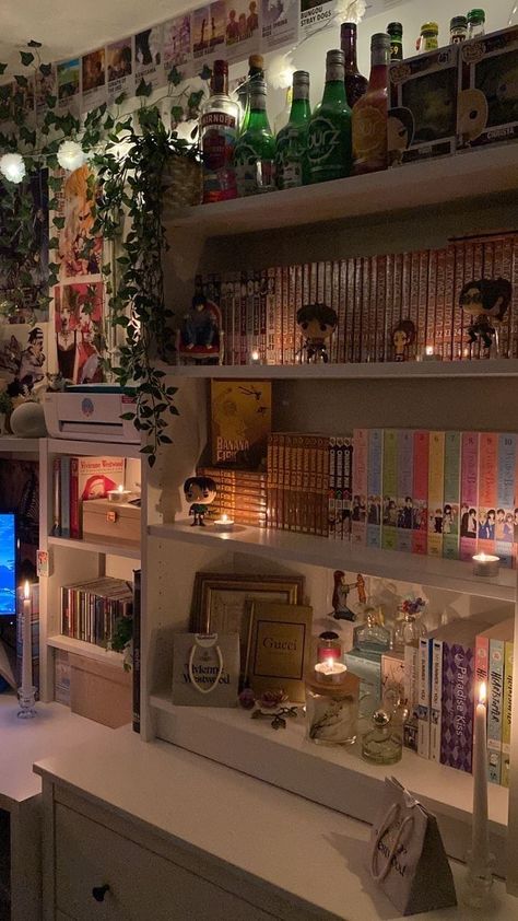 Anime Shelves, Manga Room, Book Core, Rum Inspo, Lots Of Books, Dream Bedroom Inspiration, Bookshelf Inspiration, Bedroom Aesthetics, Summer Bedroom