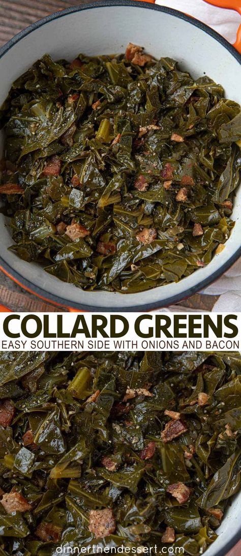 Easy Collard Greens, Cooking Collard Greens, Greens With Bacon, Greens Recipe Soul Food, Collard Greens With Bacon, Braised Kale, Collard Greens Recipe, Collard Green, Dinner Then Dessert