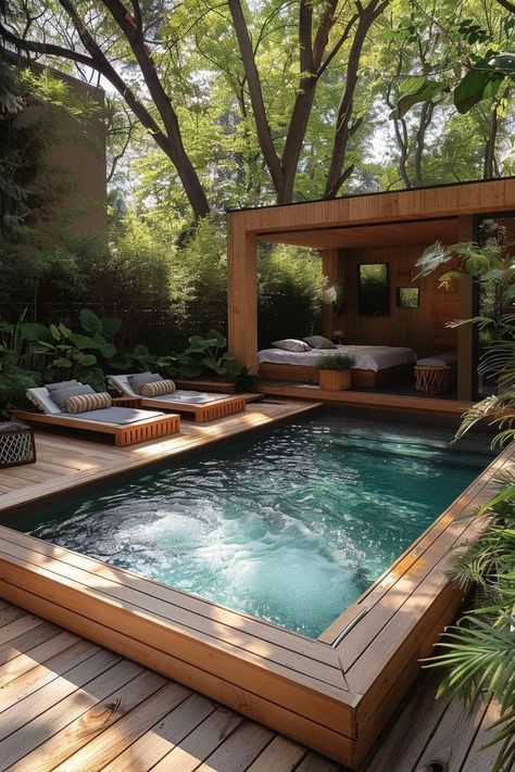 21 Stunning Small Pool Design Ideas for Tiny backyards 44 Small Plunge Pool Ideas, Little Pools Backyard, Backyard Spa Ideas Landscaping, Tiny Backyard Pool, Small Lagoon Pool, Splash Pools Backyard, Pool In Front Of House, Small Garden Pool Ideas, Small Garden With Pool