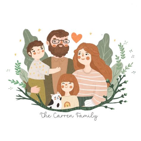 Family Portrait Drawing Ideas, Family Watercolor Illustration, Family Illustration Art Drawings, Illustration Art Family, Cute Family Illustration, Family Art Drawing, Family Tree Illustration, Draw Family, Family Drawing Illustration