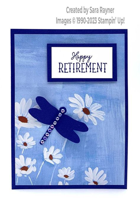 This quick in color pearls retirement card was made with the 2022-2024 In Color Pearls, Dragonflies punch, Fresh as a Daisy DSP the Gone Fishing stamp set. All from Stampin' Up! Shop for supplies. Browse for more card making ideas and inspiration. Stampin Up Happy Retirement Cards, Stampin Up Retirement Cards For Women, Stampin Up Retirement Cards, Fresh As A Daisy Dsp, Retirement Cards Handmade, Happy Retirement Cards, Fresh As A Daisy, Everyday Cards, Card Making Ideas