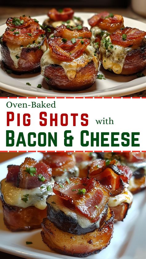 Breakfast Recipes: Oven-Baked Pig Shots with Bacon & Cheese Sausage Bacon Bites, Sausage And Bacon Appetizers, Oven Baked Pig Shots, Baked Pig Shots, Bacon Cheese Ring, Maple Bacon Cinnamon Rolls, Pig Shots, Mashed Potato Bites, Pig Shot