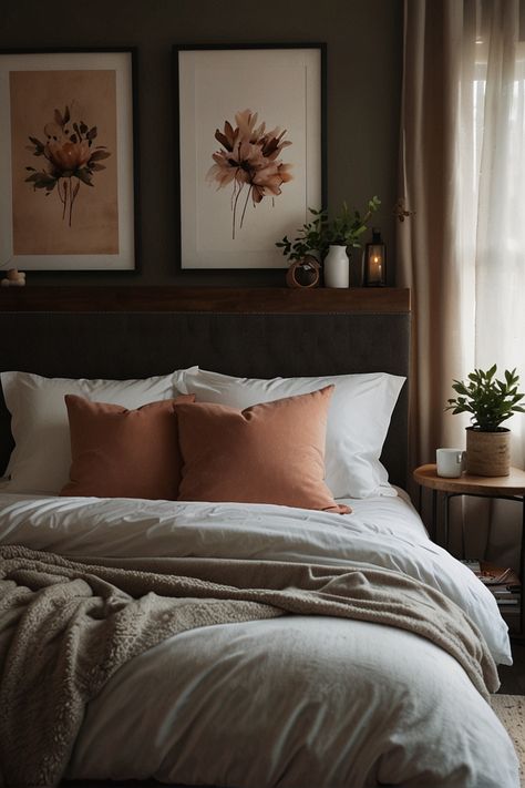 Cozy bedroom Dusty Bedroom Colors, Neutral Cozy Bedroom, Romantic Cozy Bedroom, Couples Room, Bedrooms For Couples, Farmhouse Bedroom Ideas, Room Dark, Warm Bedroom, Moody Bedroom