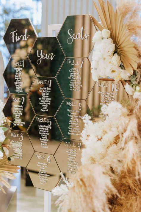 Hexagon Mirror Centerpiece, Hexagon Seating Chart, Wedding Guest Table Ideas Seating Charts Place Cards, Wedding Find Your Seat Ideas, Mirror Seating Chart Wedding Diy, Mirror Table Seating Chart, Rose Gold Themed Wedding, Diy Wedding Seating Chart, Mirrored Table Decor