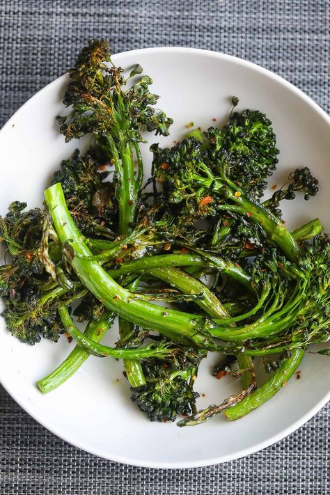 Simple 2-ingredient recipe for tasty roasted broccolini. Broccolini is simply seasoned w/ tangy tajin spice & roasted 3 minutes in air fryer. #airfryerrecipe #broccolini #airfryerbroccolin #roastedbroccolini #quickandeasy #vegan #plantbased #keto #paleo #sidedish #5ingredient Air Fryer Broccolini, Air Fryer Broccolini Recipes, Air Fryer Brocollini, Air Fried Broccolini, Grilled Broccolini Recipe, Best Broccolini, Broccolini Recipe, Grilled Broccolini, Roasted Broccolini