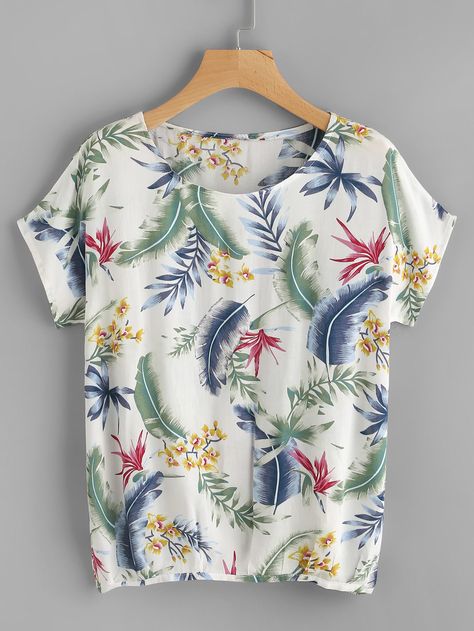 Shop Tropical Print Tee online. SheIn offers Tropical Print Tee & more to fit your fashionable needs. Churidar Material, Printed Tee Women, Blouse Tops Designs, Stitching Dresses, Stitch Fix Outfits, Women T Shirts, Print Tee, Tropical Print, Fast Fashion