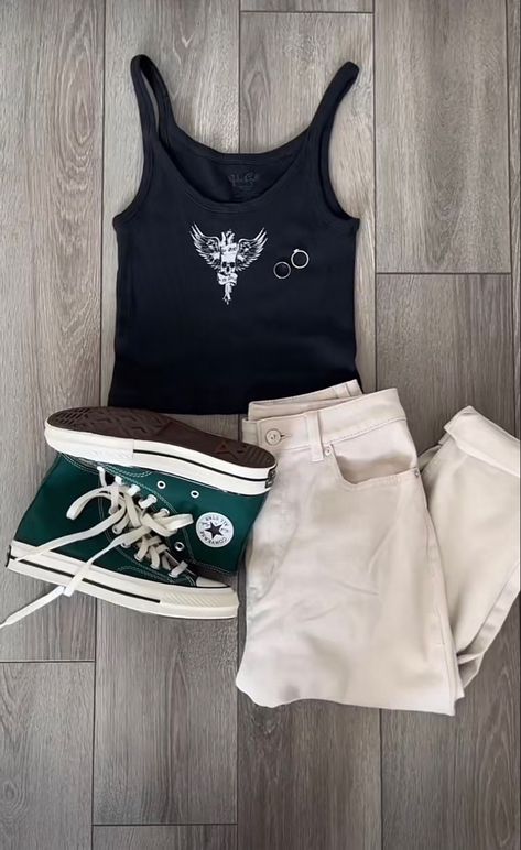 Sage Converse, Green Converse Outfit, Converse Outfit, Green Converse, Converse Style, Nice Outfits, Outfits With Converse, Green Tank, Brown Pants