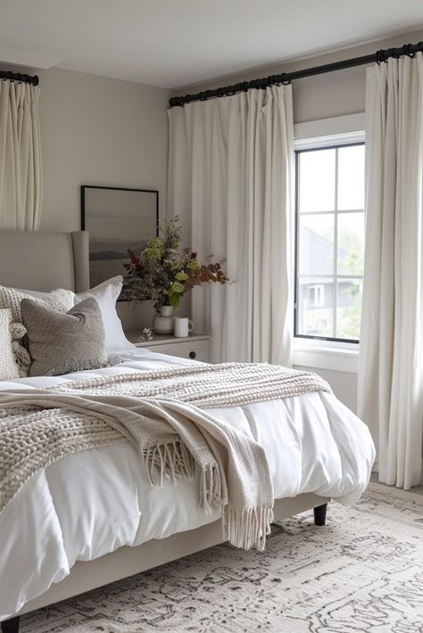 Gray Vintage Bedroom, Guest Bedroom Ideas Sofa Bed, Townhouse Bedroom Ideas, Neutral Gray Bedroom, Neutral Master Bedrooms Decor, 2024 Bedroom Trends, Bedroom Ideas Aesthetic Cozy, Modern Cozy Bedroom Neutral, Neutral Bedding Ideas