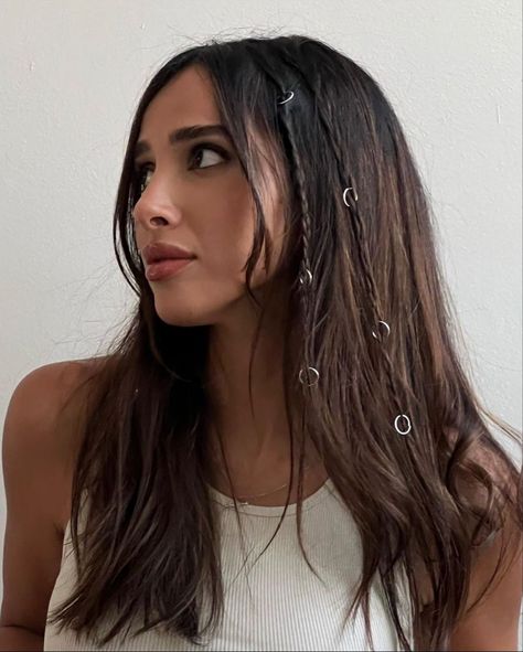 Long Hair, Don't Care: Gorgeous Styles for Lengthy Locks Easy Coachella Hairstyles, Hair Styles For Concerts Long Hair, Random Braids Throughout Hair, Bad Bunny Hairstyle Concert, Small Braids In Hair, Hair Rings Hairstyles, Ring Hairstyles, Clubbing Hair, Hairstyles Festival