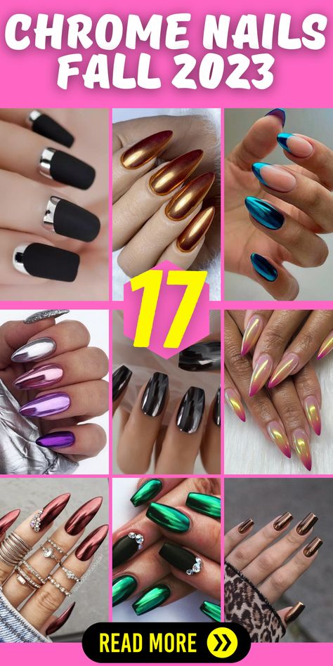 Nail Designs 2023 Fall, November Nails Ideas Chrome, Nails 2023 Trends Metallic, Chrome Nails Designs Winter, Nail Designs Trending Now 2023 Long, September Chrome Nails, Chrome Fingernails, Trendy Fall Nails Chrome, Different Chrome Nail Colors