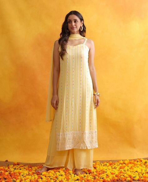 Yellow Chickenkari Kurti, Yellow Plazo Suit, Yellow Sharara Set, Traditional Closet, Yellow Sharara, Sleeveless Kurti, Trendy Outfits Indian, Churidar Designs, Celebrity Casual Outfits