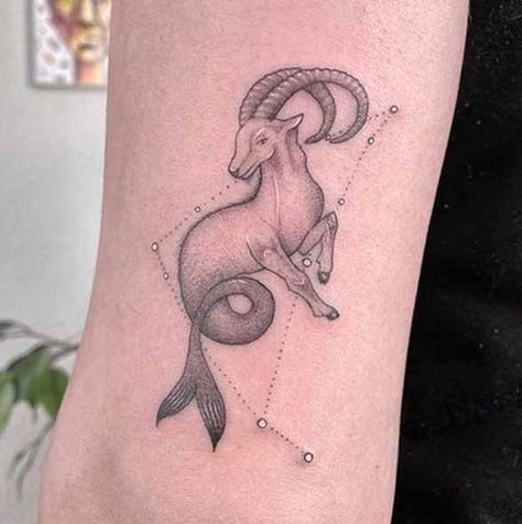 Sea goat constellation tattoo by @elpolss.ttt-1 Sea Goat Tattoo Capricorn Women, Capricorn Animal Tattoo, Sea Goat Tattoo Capricorn, Seagoat Tattoo, Sea Goat Tattoo, Capricorn Goat Tattoo, Capricorn Symbols, Capricorn Tattoo Designs, Capricorn Tattoo Ideas