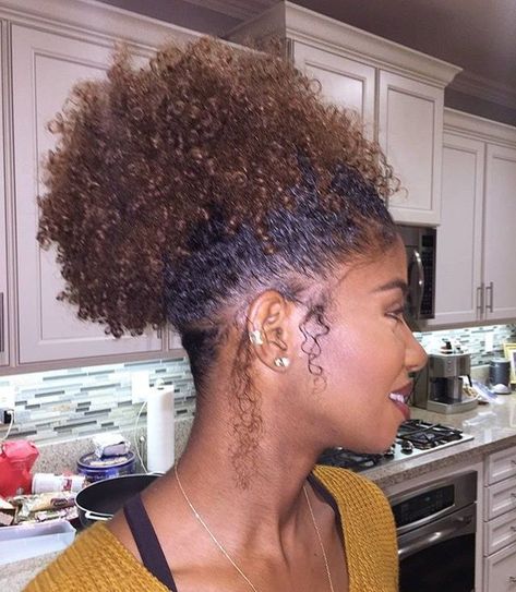 Natural hair in a puff. Love the color. Afro Buns, Colored Ponytail, Ponytails Extension, Undercut Natural Hair, Hair Bun Design, Afro Hair Bun, Bun Design, Afro Ponytail, High Puff