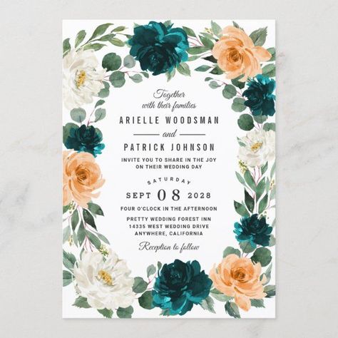 Orange Wedding Invitations, Elegant Floral Wedding, Wedding Orange, Botanical Theme, Teal And Orange, Wedding Enclosure Cards, Teal Wedding, Turquoise Wedding, West Wedding