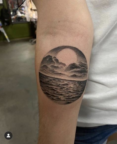 Ocean Sunset Tattoo Black And White, Water And Sunset Tattoo, Black Ocean Tattoo, Moon Over Ocean Tattoo, Sunset Tattoo Black And White, Ocean And Moon Tattoo, Ocean Moon Tattoo, Coverup Ideas, Mac Miller Tattoos