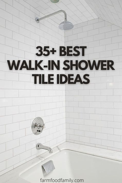 35+ Best Walk-in Shower Tile Ideas and Designs (With Pictures) 37 Black Tile Shower With Bench, Showers With Solid Surface Walls, Subway Tile For Bathroom, White Textured Shower Tile, Small Bathroom Floor And Shower Tile Ideas, Alcove Tile Shower Ideas, Master Bath Rain Shower Ideas, Master Shower With 2 Shower Heads, White Glass Tile Bathroom