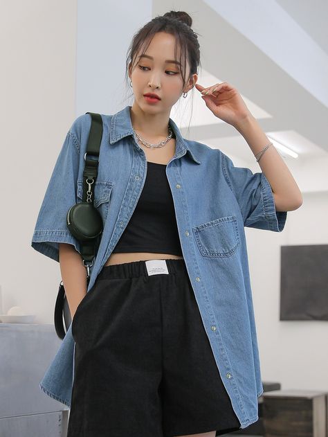 Light Wash Casual  Half Sleeve Denim Plain Peplum  Non-Stretch  Women Denim Light Denim Shirt Outfit Women, Denim Polo Outfit Women, Half Shirt Outfits Women, Denim Short Sleeve Shirt Outfit, Short Sleeve Denim Shirt Outfit, Denim Blouse Outfit, Short Sleeve Jean Shirt, Half Sleeve Shirt Women, Denim Blouse Outfits