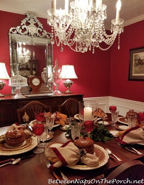 Noritake Xavier Gold Candlelight Dining 2 New Years Eve Table Setting, Thanksgiving Dining, Spode Woodland, Red Dining Room, Candlelit Dinner, Thanksgiving Table Settings, Fall Tablescapes, The Dining Room, Red Walls