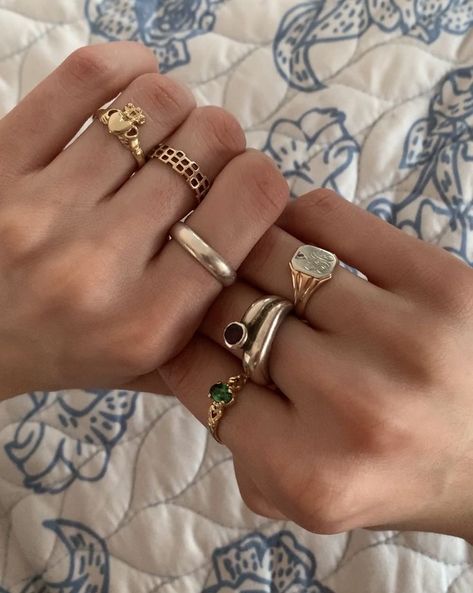 Silver Jewlery, The Bling Ring, Mixed Metal Rings, Green Rings, Mixed Metal Jewelry, Rings Necklace, Nail Jewelry, Dope Jewelry, Gold And Silver Rings