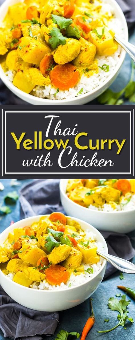 Thai yellow chicken curry recipe that is full of potatoes, carrots, onions, and coconut flavor! This healthy and easy Thai yellow curry recipe makes a wonderful gluten-free dinner recipe for busy weeknights. Thai Yellow Chicken Curry, Yellow Chicken Curry, Yellow Curry Chicken, Yellow Curry Recipe, Thai Yellow Curry, Yellow Curry, Healthy Dinner Recipe, Potato Dinner, Potatoes Carrots