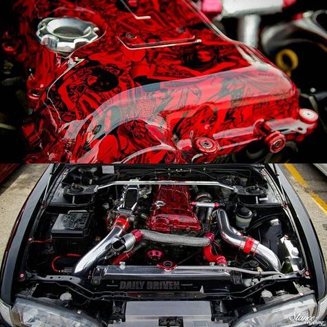 Motor Monday with some hydro dip action. #motormonday #hydrodipped #nissan #schassis #trendsetters2016 #tamm #morethanjustaggressivefitment #stanceiseverything Hydro Graphics, Motorcycle Ideas, Kustom Paint, Hydro Dipping, Project Cars, Water Transfer Printing, Harley Bikes, Car Interiors, Engine Bay