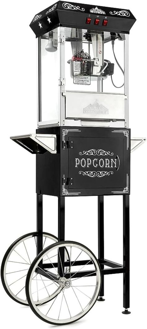 Olde Midway Vintage Style Popcorn Machine Maker Popper with Cart and 10-Ounce Kettle - Black Black And White Popcorn, Theater Popcorn, Movie Theater Popcorn, White Popcorn, Popcorn Makers, Popcorn Popper, Popcorn Machine, Stainless Steel Accessories, Bar Styling