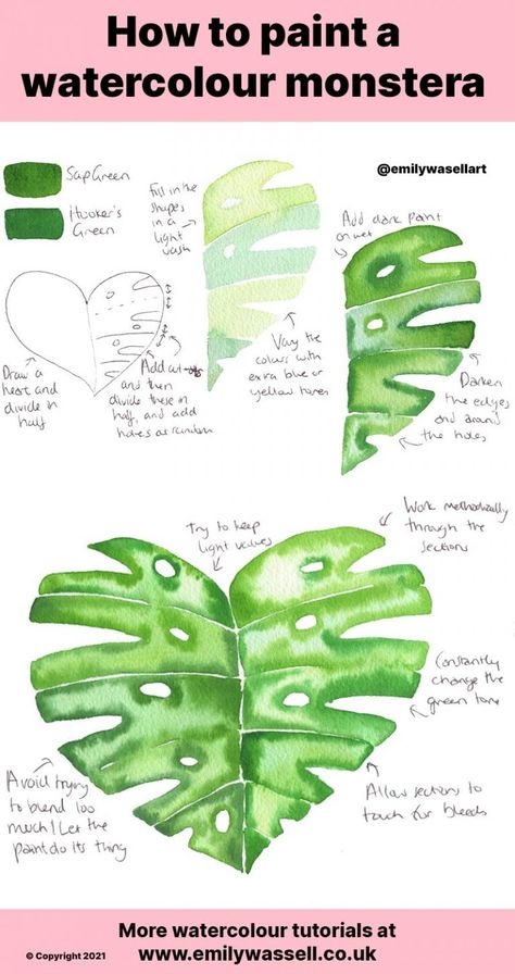 How to Paint a Watercolour Monstera Leaf - Easy Tutorial | Emily Wassell Watercolor Monstera Leaf Tutorial, How To Paint Monstera Leaf, Monstera Plant Watercolor, Monstera Watercolor Painting, How To Draw Monstera Leaf, How To Paint A Leaf, How To Paint Plants, Watercolour Monstera, Watercolour Easy