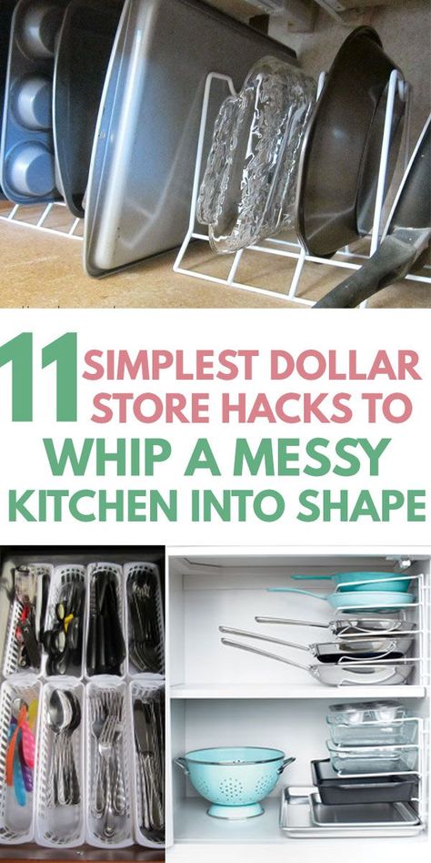 Learn how to DECLUTTER your KITCHEN with KITCHEN ORGANIZATION HACKS from the dollar store. First, learn how to get rid of clutter on counters, cabinets and drawers, then tips on smart layout by zones to keep countertops and cupboards clutter free. Easy ideas you can DIY on a budget to keep utensils, pots, pans, Tupperware, spaces, etc super organized #organization #organisation #storage #tinykitchen #declutter Pan Storage Diy, Kitchen Cabinet Organization Layout, Tupperware Organizing, Declutter Kitchen, Pan Storage, Organize Your Kitchen, Small Kitchen Organization, Messy Kitchen, Store Hacks