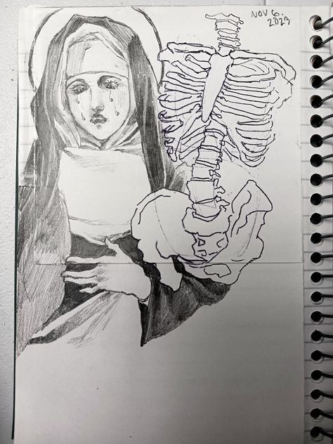 Collage Drawing Art, Blocking In Drawing, Bottom Pov Reference, Brain Drawing Reference, Interesting Sketchbook Ideas, Open Ribcage Drawing, Holding Arm Reference, Bone Art Drawing, Art Project Ideas High School