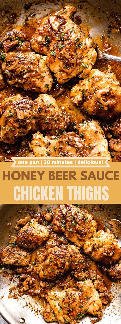 Beer Chicken Recipes, Sautéed Chicken Thighs, Chicken Thigh Blackstone, Chicken Thigh Recipes Blackstone, Blackstone Chicken Thighs, Honey Beer Chicken, Honey Sauce For Chicken, Diethood Recipes, Seasoned Chicken Thighs