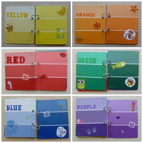 Paint sample color books.  Teach colors and that there are different shades of each color. Preschool Colors, Teaching Colors, Paint Swatches, Color Book, Toddler Fun, Paint Samples, Reggio Emilia, Learning Colors, Toddler Learning