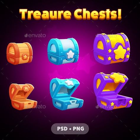 Set of Treasure Chests Game Assets Game Icon Design, Game Card Design, Treasure Chests, Bubble Games, Game Gui, Box Icon, Digital Marketing Design, Pop Art Illustration, Game Props