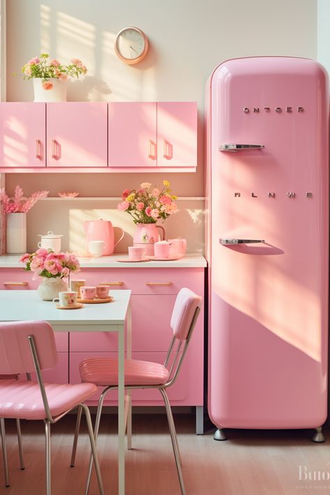 Pink Smeg Fridge, Pink Smeg, Retro Pink Kitchens, Barbiecore Aesthetic, Pink Cabinets, Smeg Fridge, Pastel Home Decor, Retro Diner, Modern Home Interior Design