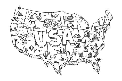 Illustrated USA map sketch. Tourist attraction. United States of America. Showplace cartoon map. Freehand Illustration. Line hand-drawn clipart flat vector. America Map Illustration, Usa Drawing, Cartoon Map, Map Sketch, Map Icons, Hand Drawn Map, America Map, United States Map, Line Art Design