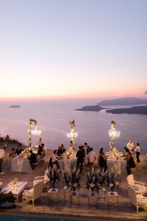 Wedding Venue Ocean View, Wedding With Chandeliers, Wedding In Santorini, Europe Destination Wedding, Wedding Venue Greece, Greece Wedding Aesthetic, Ocean Wedding Dress, Ocean Side Wedding, On The Water Wedding