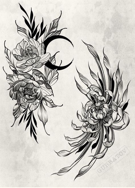 Black Ink Flower Drawing, Floral Sleeve Linework, Unique Chrysanthemum Tattoo, Unique Flower Tattoo Designs, Dark Flower Tattoo Design, Scary Flower Tattoo, Chrysanthemum Hand Tattoo, Inside Of Elbow Tattoo, Front Shoulder Tattoos For Women Unique