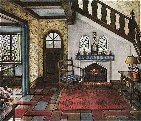 English Revival style homes were extremely popular during the late 1920s and 1930s. This entry way is a stylized image, but would have been pretty in one of the small cottages like the 1930 Montgomery Ward Newport. Source: Delineator Cottage Tudor, 1930s Home Decor, 1930s Decor, 1930s House Interior, Old House Interior, 1920s House, 1930s House, Living Vintage, Cottage Interior