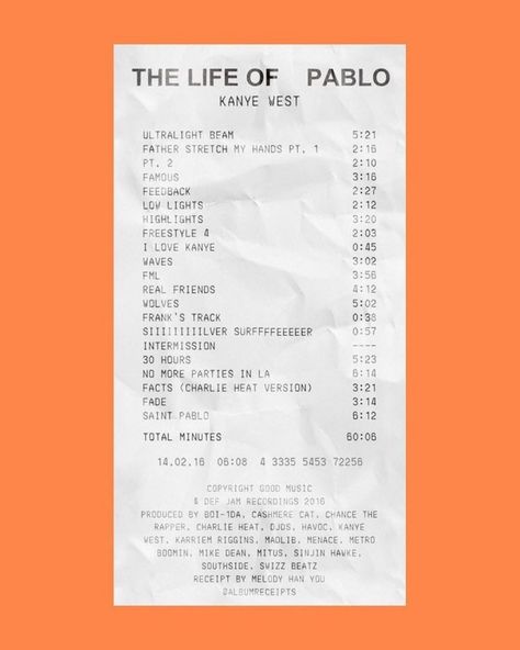 "The life of Pablo" Album Receipts, Pablo Kanye, Album Receipt, Kanye West Wallpaper, Kanye West Albums, Life Of Pablo, Music Poster Ideas, Bedroom Wall Collage, Music Poster Design