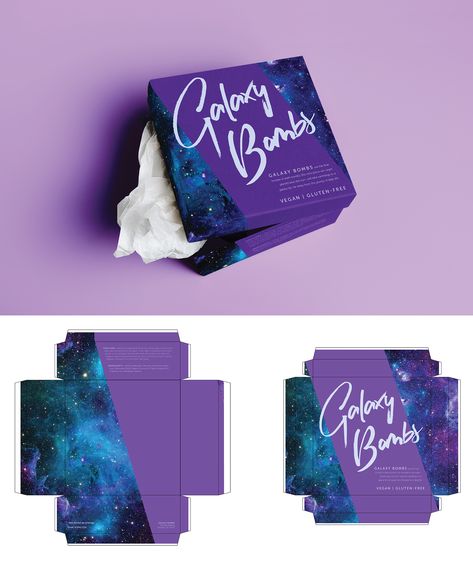 Finalist for the 2019 graphic design awards, 99awards, for “Best Packaging and Label Design”. Galactic bath bomb gift box packaging design by yuliusstar | #galaxy #ultraviolet #bathbombs #packagingdesign #giftbox Galaxy Packaging Design, Space Packaging Design, Galaxy Packaging, Magical Packaging, Galaxy Branding, Aesthetic Tissue, Space Packaging, Gift Box Packaging Design, Bath Bomb Packaging