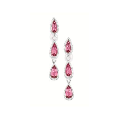 PAIR OF PINK SPINEL AND DIAMOND PENDENT EARRINGS Spinel Earrings, Spinel Jewelry, Titanic Jewelry, Tiaras Jewellery, Diamond Pendent, Red Spinel, Pink Spinel, Pink Bling, Sparkle Earrings