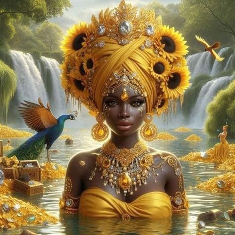 Oshun Photoshoot Ideas, Oshun Goddess Art, Oshun Aesthetic, Oshun Goddess Tattoo, Oshun Tattoo, African Goddesses, Goddess Oshun, Oshun Goddess, Shoulder Armor Tattoo