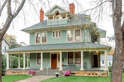 Drummond House Four Square Homes, Victorian Exterior, Brick Columns, Best Exterior Paint, Exterior Paint Colors For House, Traditional Exterior, Farmhouse Exterior, House Paint Exterior, Exterior Paint Colors