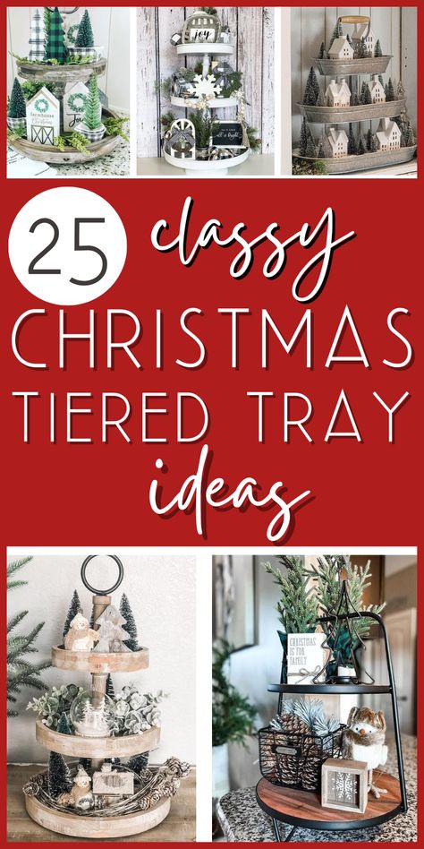 If you love decorating tiered tray but need some inspiration, keep reading! You’ll learn all the style tips for decorating tier trays for Christmas, what to put on them, plus gorgeous pictures to inspire your own! Keep scrolling for classy farmhouse-style Christmas tiered trays – lots of trendy neutral Christmas decor ideas! Christmas Decor Ideas For Trays, Christmas Tree Farm Tiered Tray, 3 Tier Christmas Centerpieces, Christmas Decor Tiered Tray, Three Tier Christmas Display, 3 Tier Christmas Decor, How To Decorate A Tiered Tray For Christmas, Farmhouse Christmas Tiered Tray Ideas, Farmhouse Christmas Tray Decor Ideas