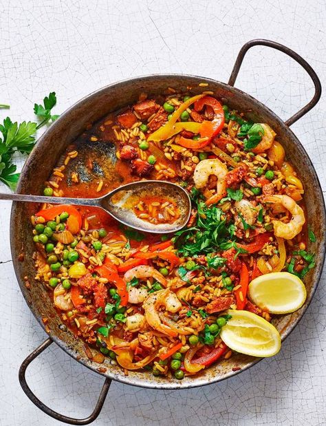 Prawn Paella Recipe, Prawn Paella, Prawn And Chorizo Recipes, Prawn And Chorizo, Prawn Chorizo, Chicken And Chorizo Paella Recipe, Prawn And Chorizo Paella, Seafood And Chorizo Paella, Spanish Paella