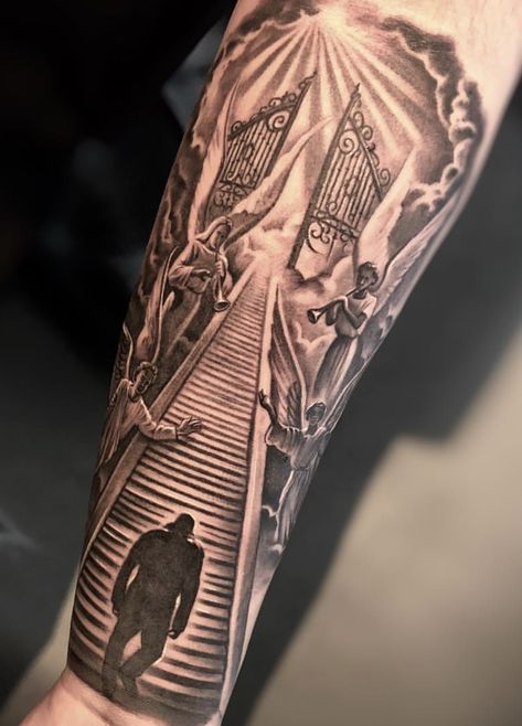 Stairs To Heaven Tattoo, Religious Tattoos For Men, Rip Tattoos For Dad, Religious Tattoo Sleeves, Stairway To Heaven Tattoo, Arm Tattoos For Guys Forearm, Black Men Tattoos, Rip Tattoo, Christian Sleeve Tattoo