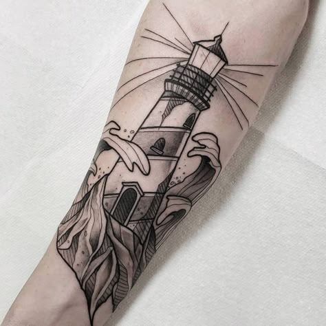 Lighthouse Tattoo Women, Simple Light House Tattoo, Lighthouse Tattoo Stencil, Lighthouse Half Sleeve Tattoo, Lighthouse Tattoo Drawing, Light House Tattoo Design, Lighthouse Waves Tattoo, Lighthouse Drawing Tattoo, Lighthouse Shin Tattoo