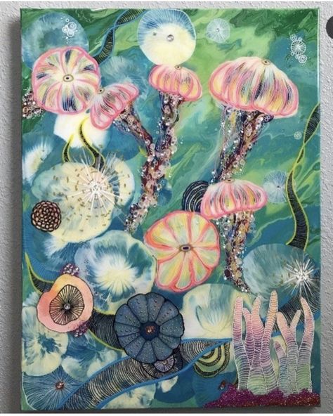 Collage Acrylic Painting Mixed Media Art, Jellyfish Painting, Multimedia Art, Art Motivation, Fine Art Acrylic, Underwater Painting, Hand Painted Designs, Coral Watercolor, Coral Art