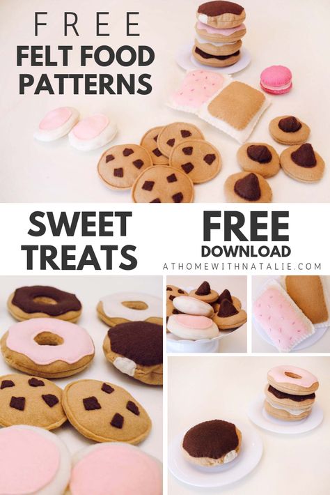 Diy Felt Cookies Free Pattern, Diy Felt Pop Tart, Felt Donuts Diy Play Food, Felt Donut Pattern Free, Diy Play Bakery Food, Play Food Sewing Pattern, Felt Bakery Food Free Pattern, Felt Cookies Pattern, Felt Pdf Pattern Free