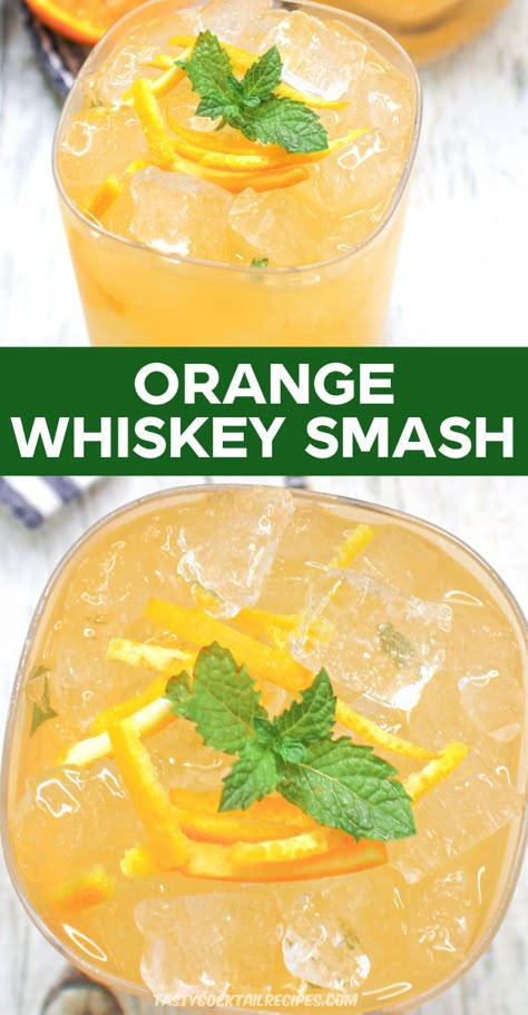 There are so many tasty whiskey cocktails, but few are as crowd-pleasing as this Orange Whiskey Smash! The combination that barrel aged whiskey with the sweetness or orange makes a sweet, but not too sweet cocktail that is great for any occasion. And it’s easy to make! Whiskey Orange Juice Cocktails, Whiskey Breakfast Cocktail, Orange Whiskey Drinks, Vanilla Whiskey Cocktail, Whiskey Summer Cocktails, Jameson Orange Whiskey Drinks, Scotch Drinks Cocktails, Cinnamon Whiskey Cocktails, Jameson Orange Cocktails