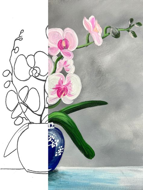 How To Paint An Orchid, How To Draw An Orchid Step By Step, Orchid Painting Acrylic Easy, Orchid Flower Painting Acrylic, Orchid Canvas Painting, Orchid Painting Acrylic Abstract, Orchid Painting, Orchids Painting, Wine Night